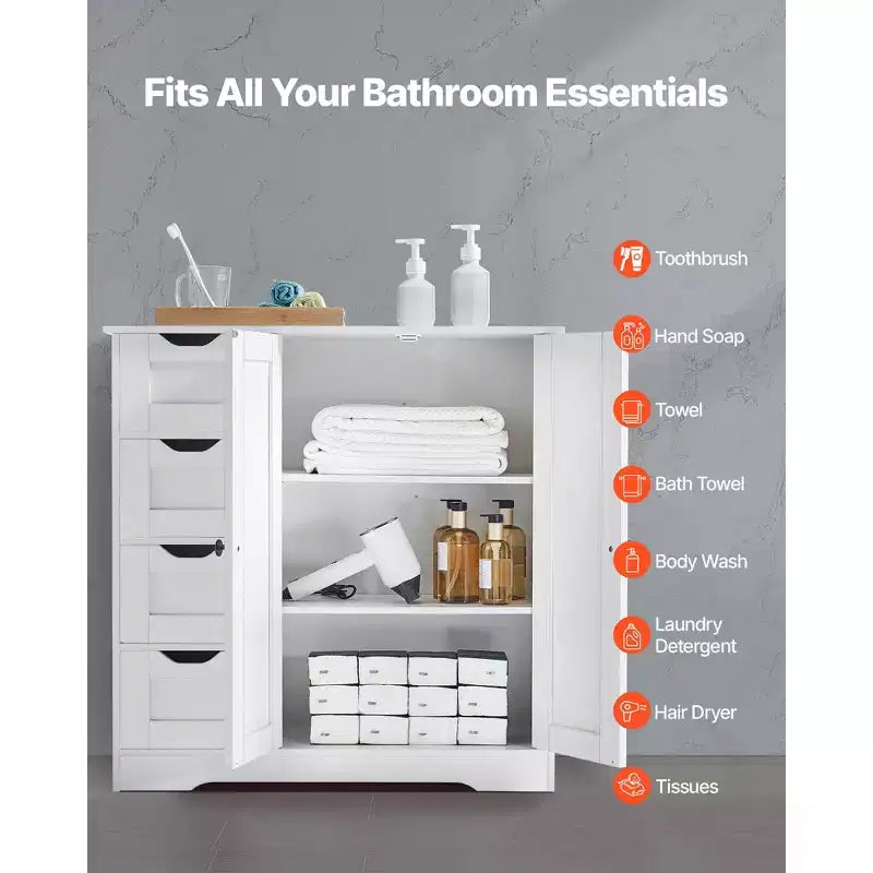 Mobiletto da bagno, a 3 ripiani, organizer in legno con 2 ante, 4 cassetti e ripiano regolabile, per cucina/soggiorno/ingresso, bianco