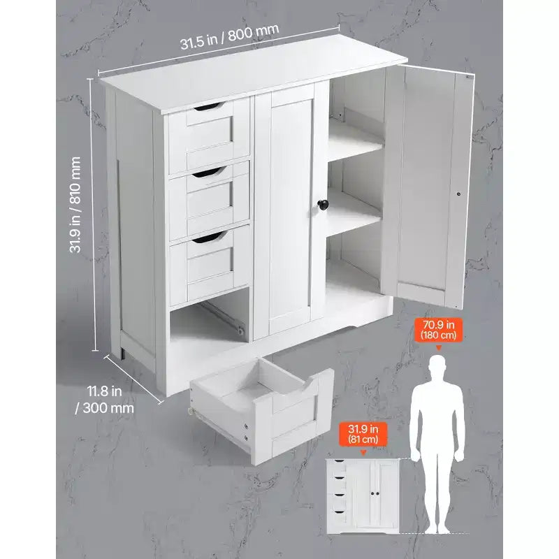 Mobiletto da bagno, a 3 ripiani, organizer in legno con 2 ante, 4 cassetti e ripiano regolabile, per cucina/soggiorno/ingresso, bianco