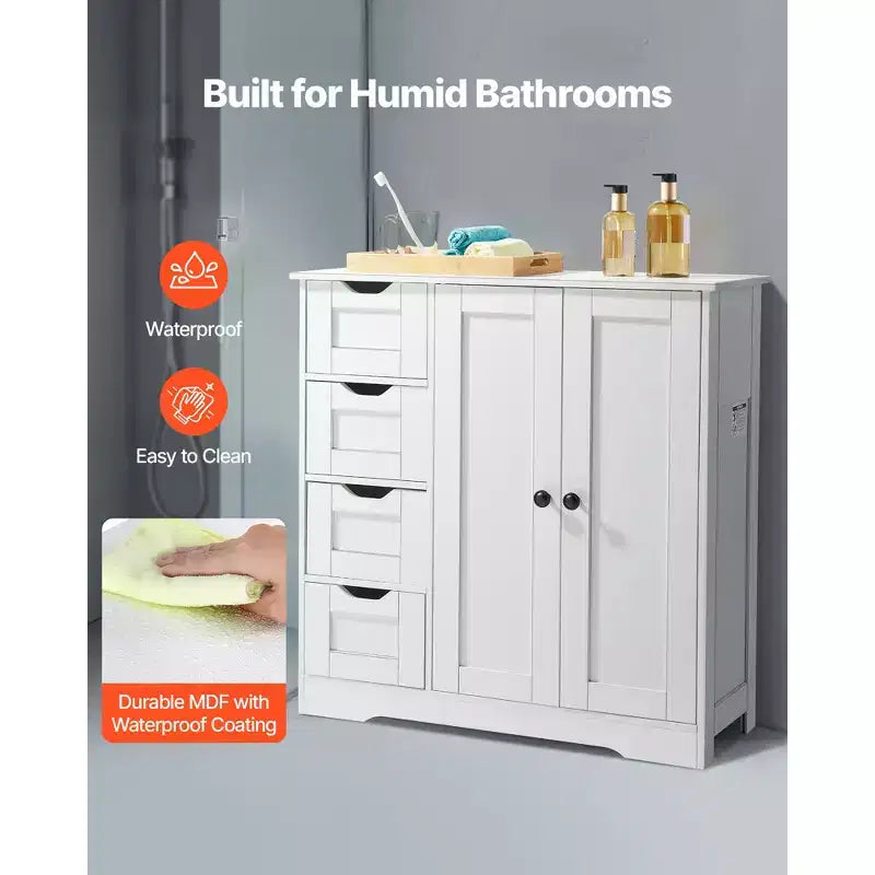 Mobiletto da bagno, a 3 ripiani, organizer in legno con 2 ante, 4 cassetti e ripiano regolabile, per cucina/soggiorno/ingresso, bianco