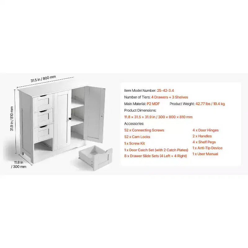 Mobiletto da bagno, a 3 ripiani, organizer in legno con 2 ante, 4 cassetti e ripiano regolabile, per cucina/soggiorno/ingresso, bianco
