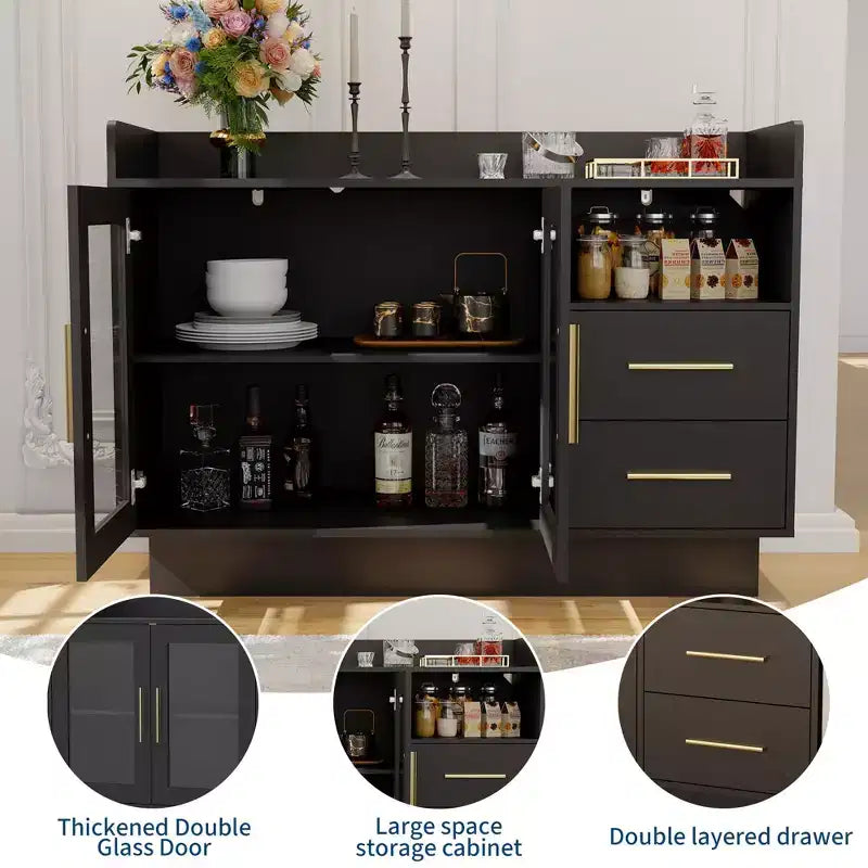 Mobile Contenitore con Ante in Vetro, Credenza Espositiva Indipendente con Cassetti per Soggiorno e Sala da Pranzo