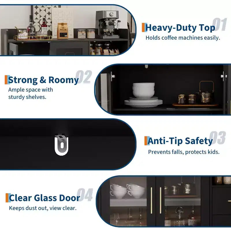 Mobile Contenitore con Ante in Vetro, Credenza Espositiva Indipendente con Cassetti per Soggiorno e Sala da Pranzo