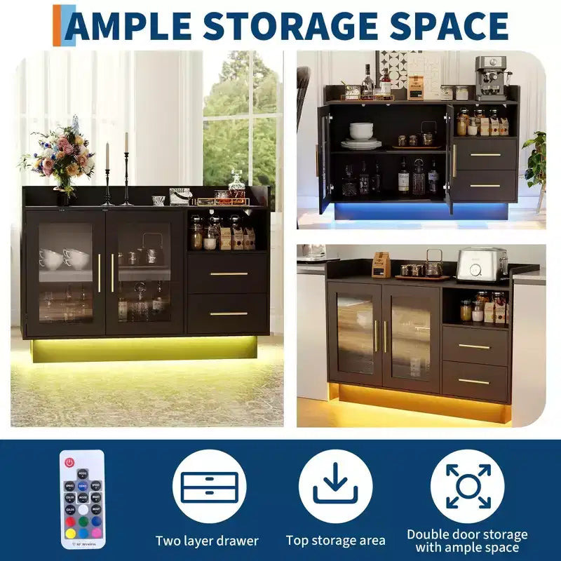 Mobile Contenitore con Ante in Vetro, Credenza Espositiva Indipendente con Cassetti per Soggiorno e Sala da Pranzo