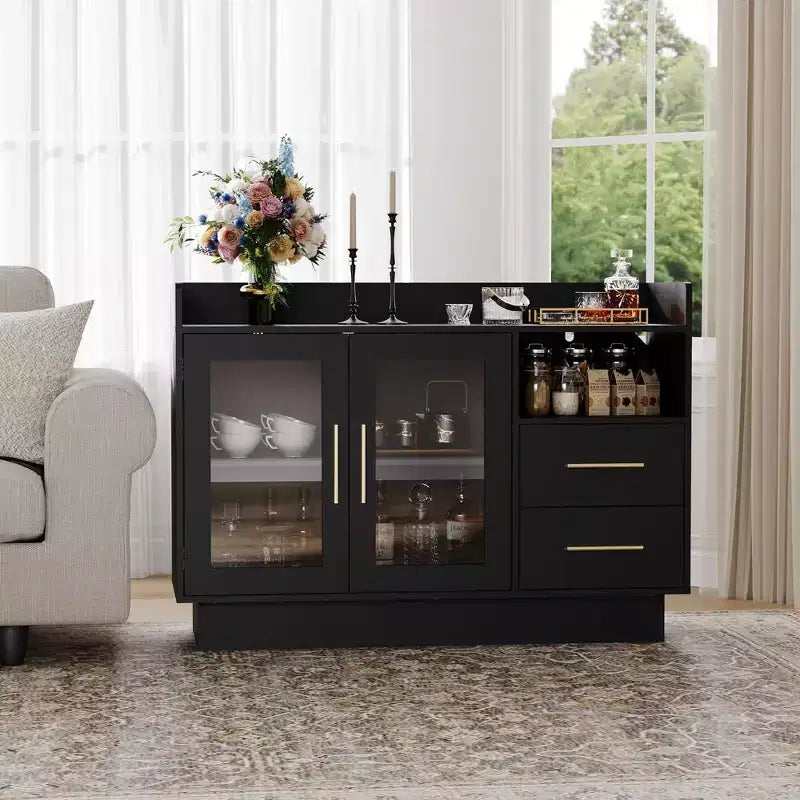 Mobile Contenitore con Ante in Vetro, Credenza Espositiva Indipendente con Cassetti per Soggiorno e Sala da Pranzo