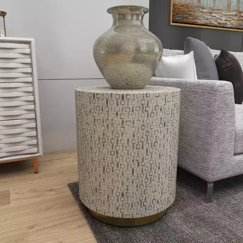 Sgabello contemporaneo in madreperla bianco - Olivia & May: Accento rotondo moderno, struttura in MDF, motivo solido, altezza seduta 22,35".