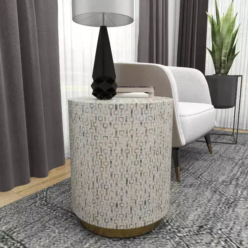 Sgabello contemporaneo in madreperla bianco - Olivia & May: Accento rotondo moderno, struttura in MDF, motivo solido, altezza seduta 22,35".