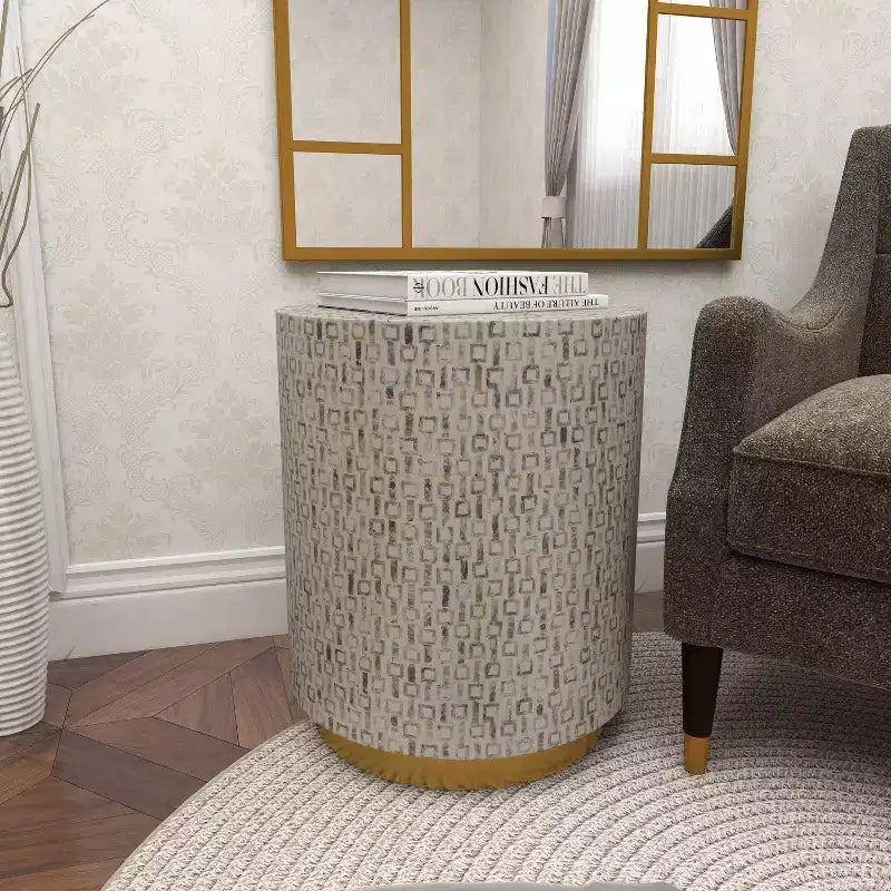 Sgabello contemporaneo in madreperla bianco - Olivia & May: Accento rotondo moderno, struttura in MDF, motivo solido, altezza seduta 22,35".