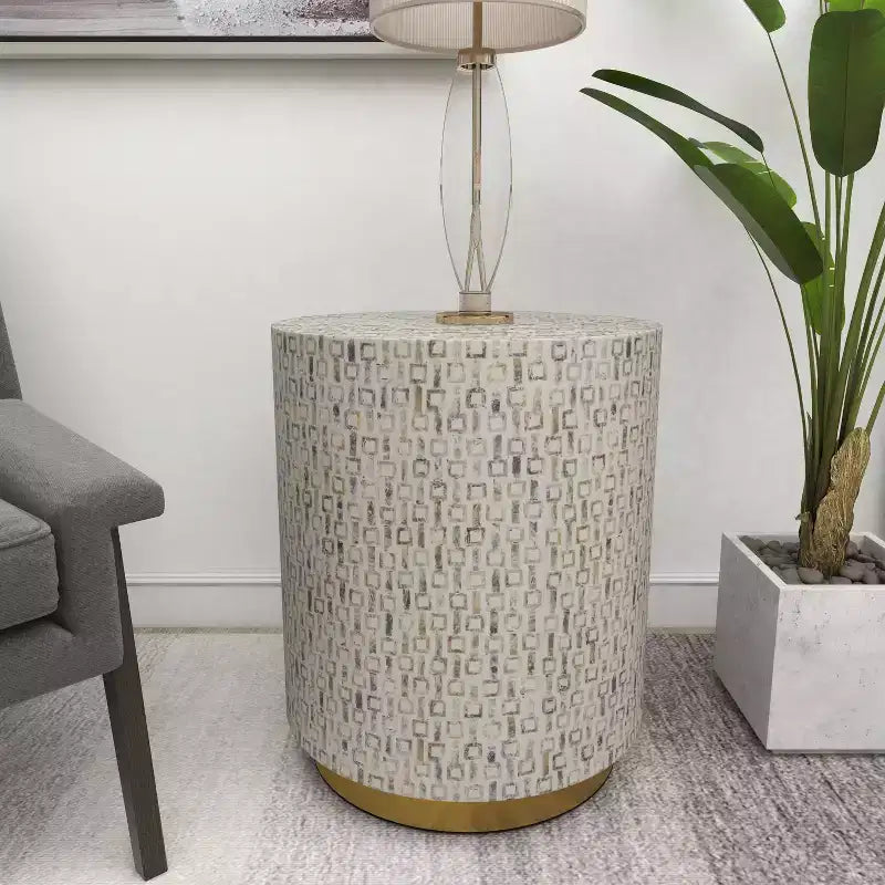 Sgabello contemporaneo in madreperla bianco - Olivia & May: Accento rotondo moderno, struttura in MDF, motivo solido, altezza seduta 22,35".