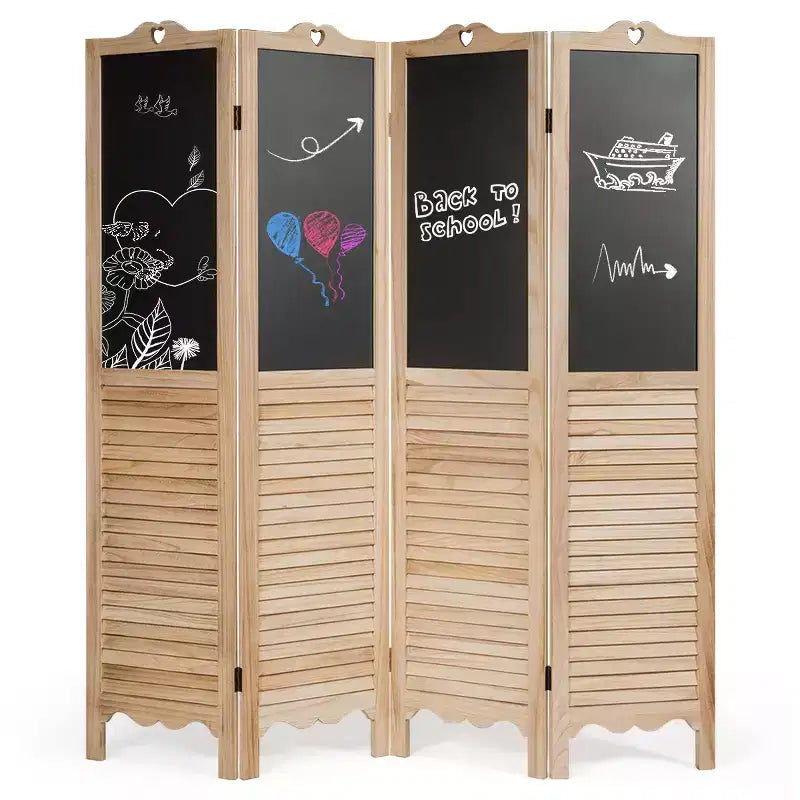 4-Panel Folding Divider Screen W/Chalkboard 5.7Ft Tall Natural