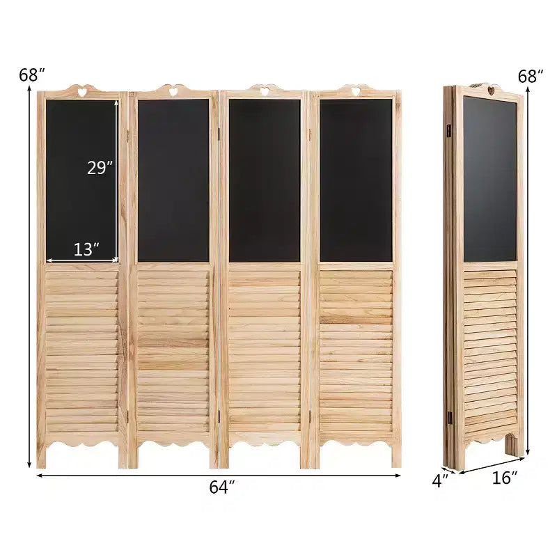 Divisorio pieghevole a 4 pannelli con lavagna, altezza 174 cm, colore naturale