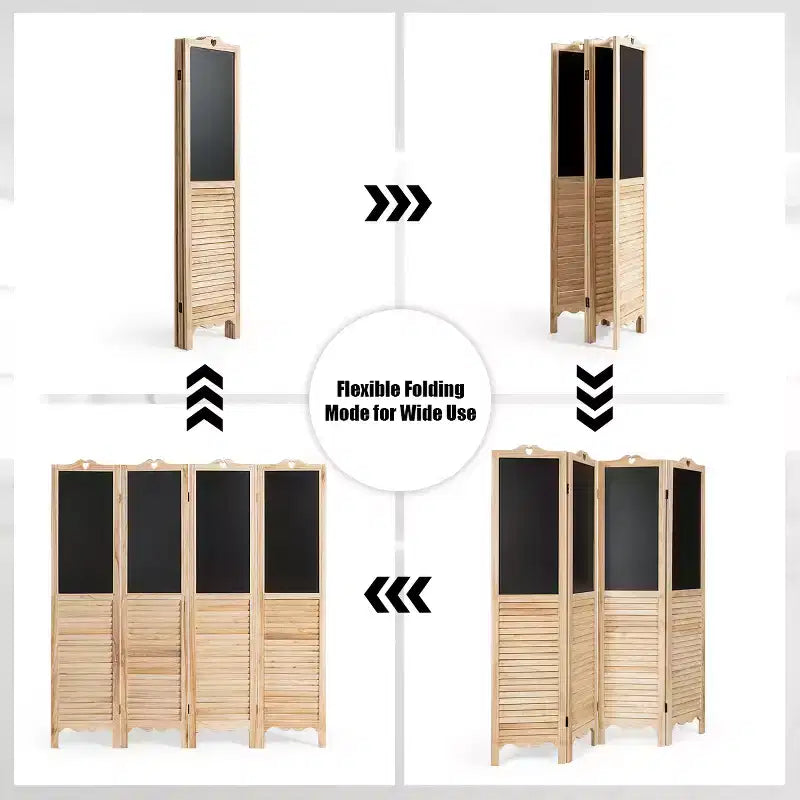 Divisorio pieghevole a 4 pannelli con lavagna, altezza 174 cm, colore naturale