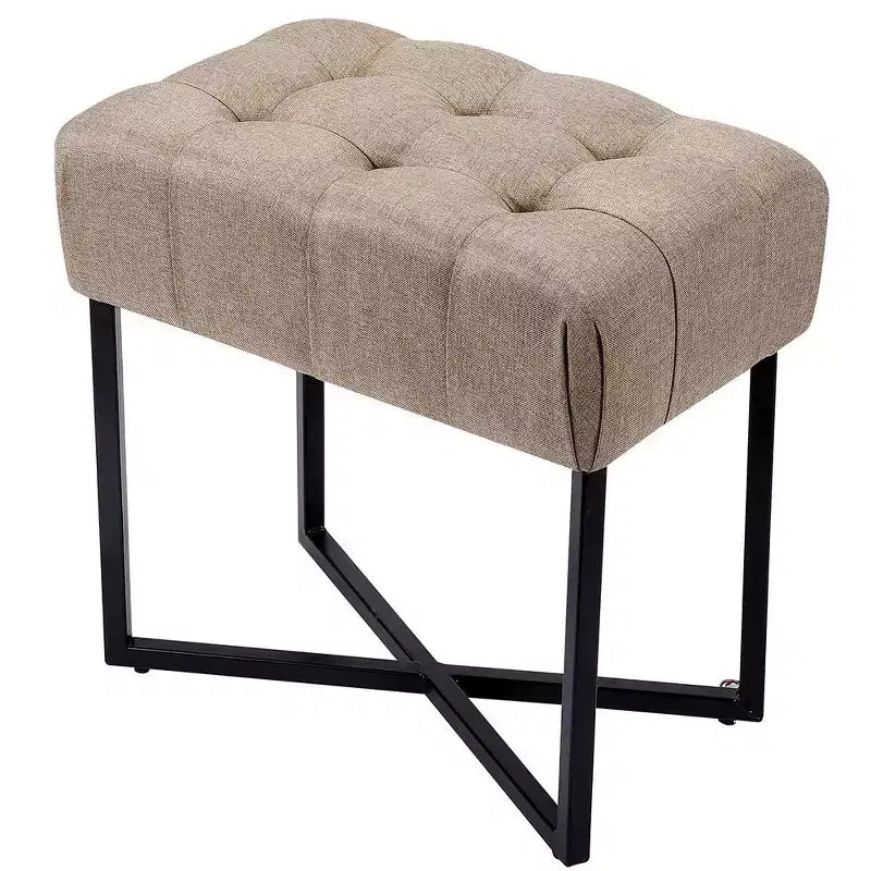 Home Rectangular Tufted Beige Foot Stool Ottoman with Black Legs