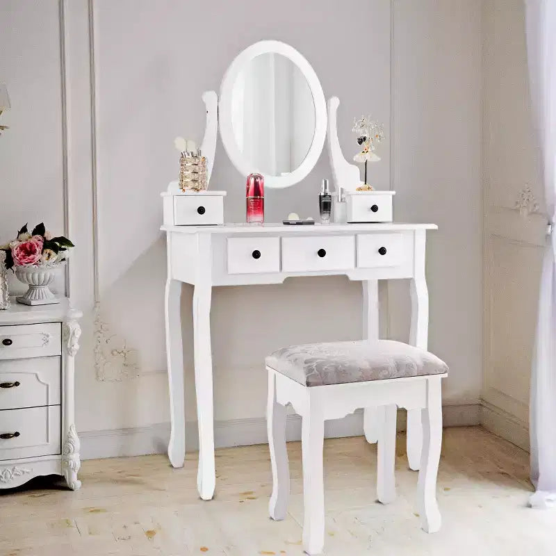Makeup Desk Vanity Dressing Table Oval Stool 5 Storage Drawers