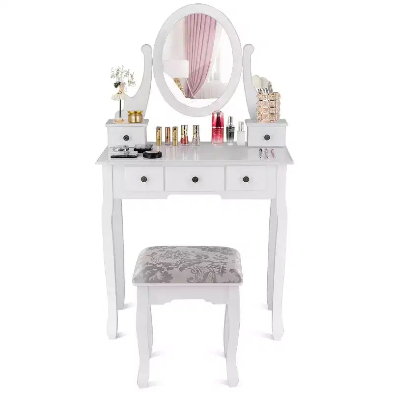 Toeletta Trucco Comò Sgabello Ovale 5 Cassetti Contenitore