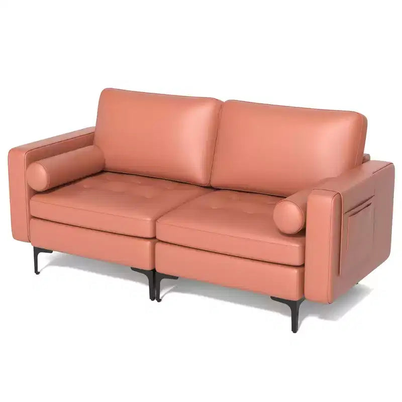 Modern Loveseat 2-Seat Sofa Couch with 2 Bolsters Side Storage Pocket Grey/Red
